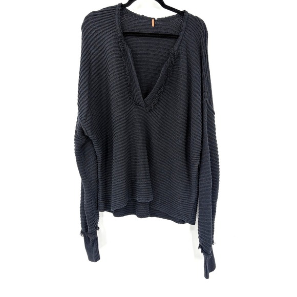 Free People Sweaters - Free People Oversized V-Neck Ribbed Knit Sweater Frayed Edge Charcoal Black